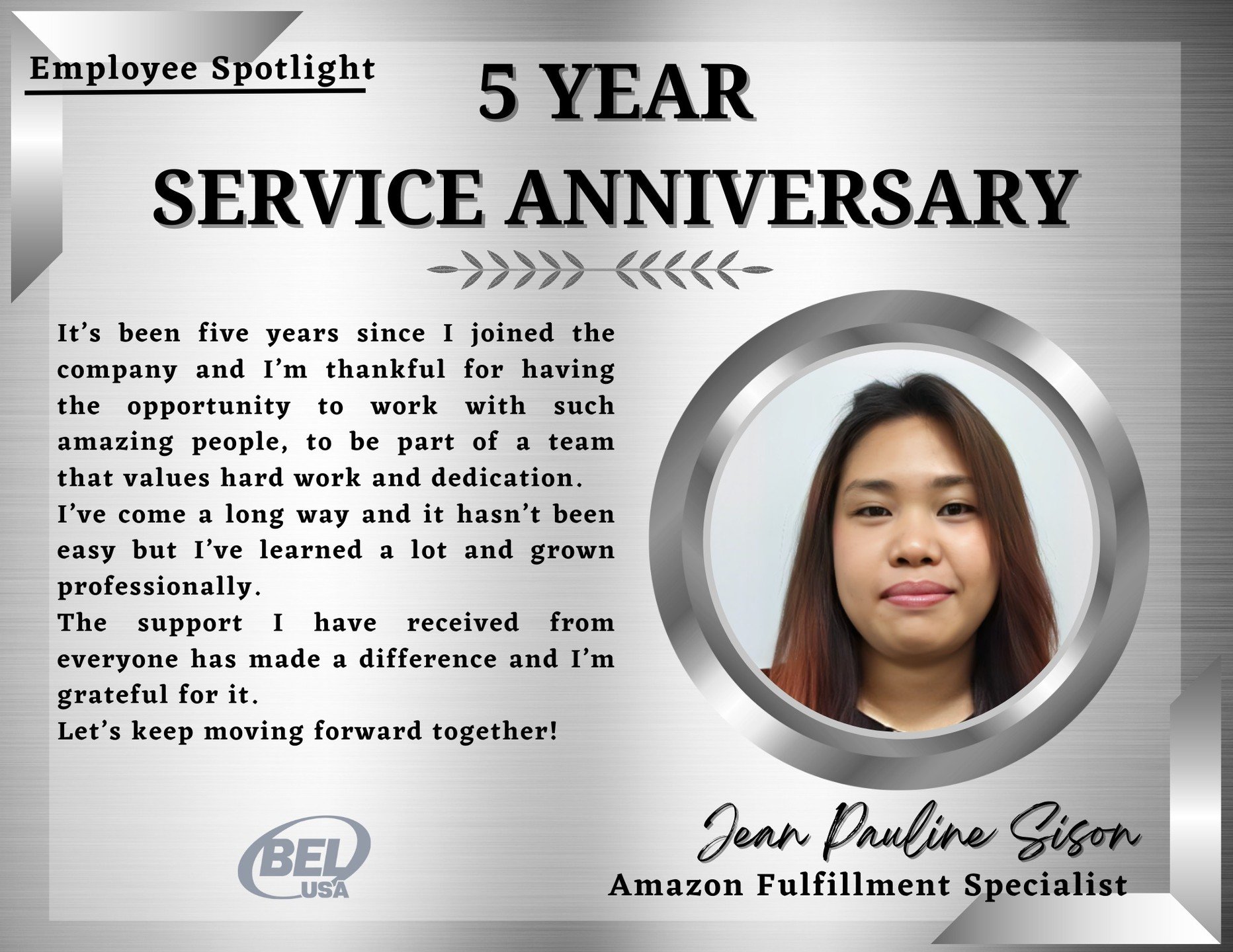 Celebrating 5 Fantastic Years with Jean Pauline Sison! 🎉

Let's give a big shoutout to Jean Pauline Sison, our dedicated Amazon Fulfillment Specialist, on her 5th work anniversary with us! 

Jean's commitment to excellence and her exceptional attent