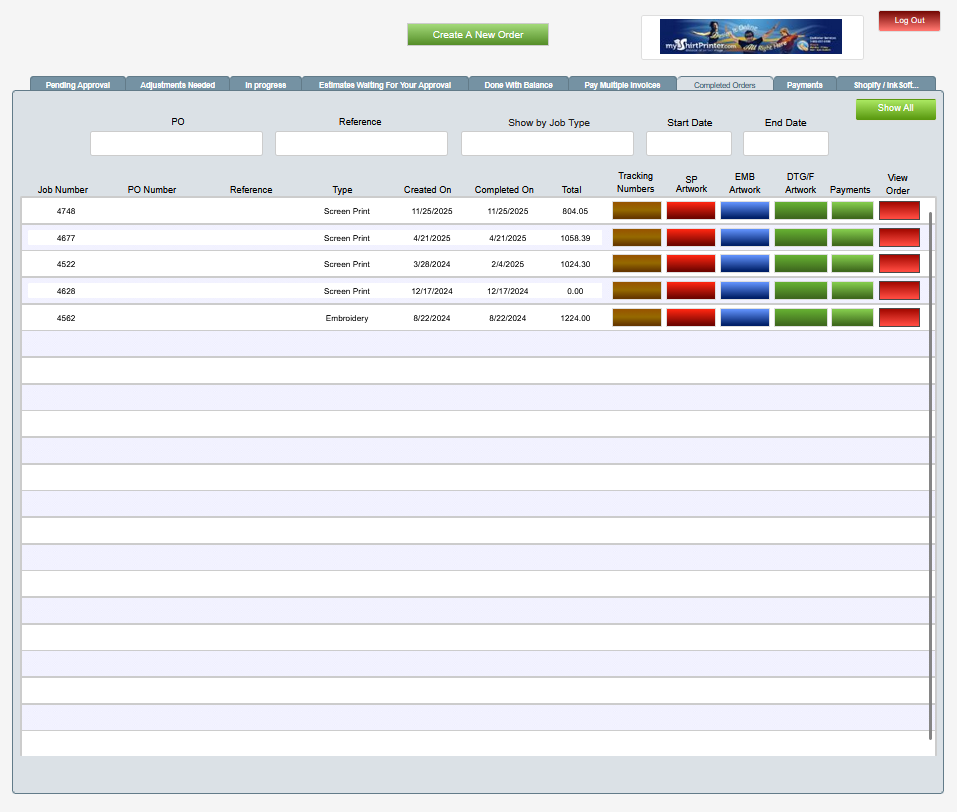 Customer portal dashboard for tracking orders, artwork approvals, invoices, payments, and production status online