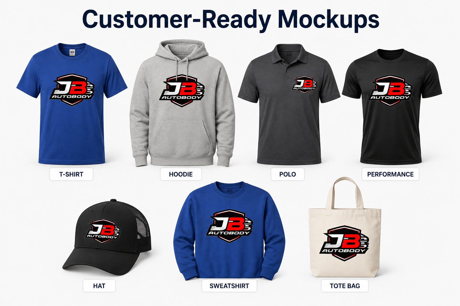 Customer-ready apparel mockups displaying the same artwork across t-shirts, hoodies, polos, hats, sweatshirts, and tote bags for screen printing and embroidery shops