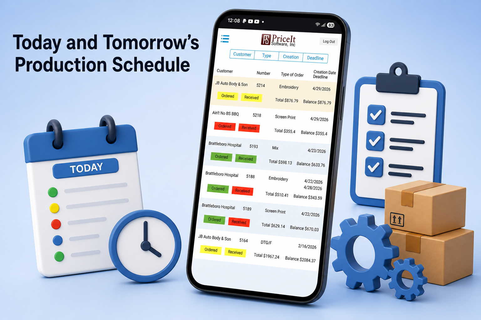 Today and Tomorrow's Production Schedule with Phone App UI