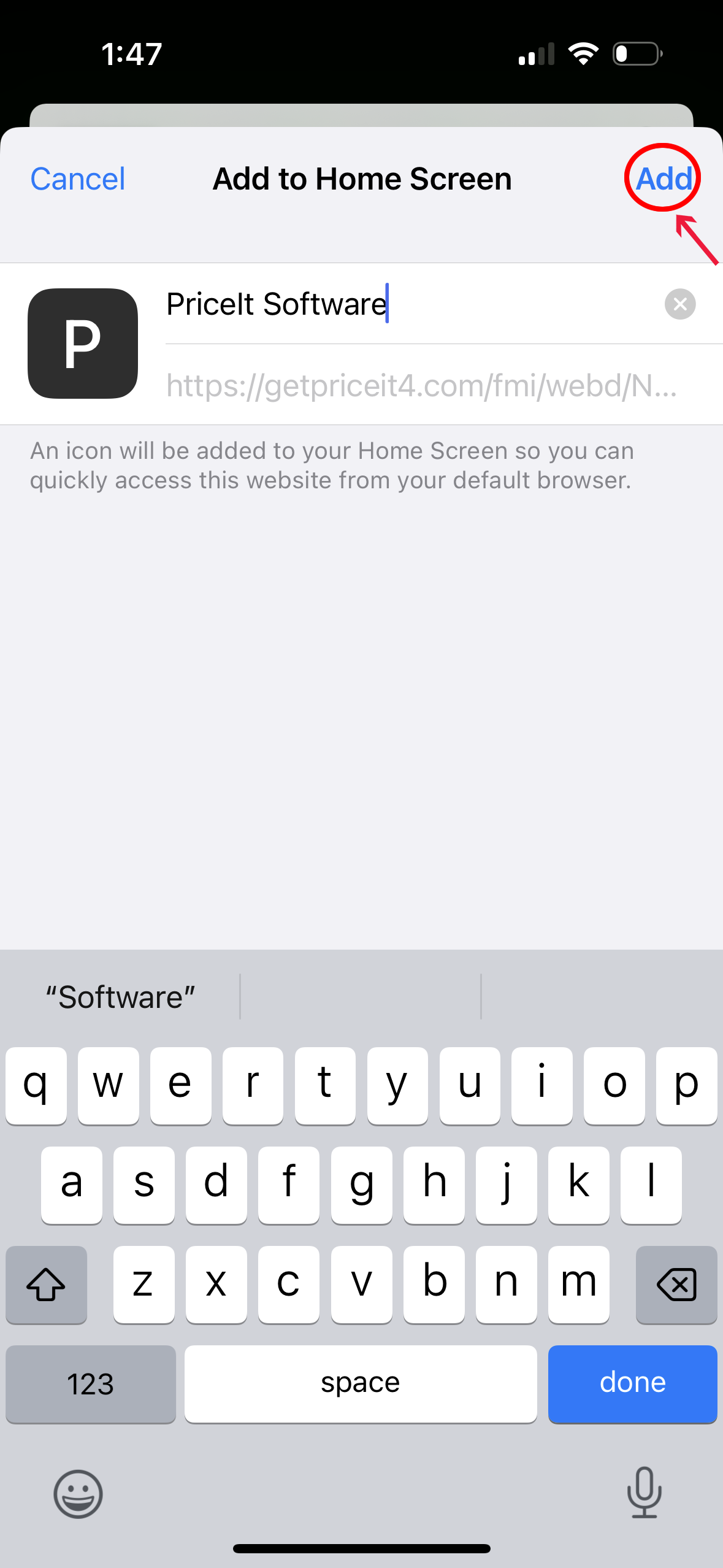Apple iPhone phone app PriceIt Software showing how to add the app to the homescreen