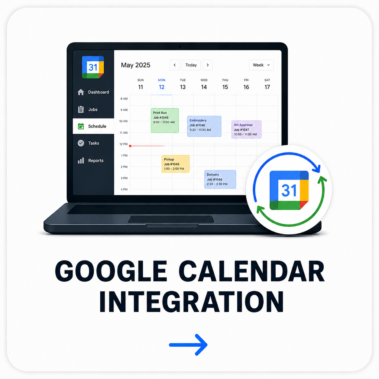 Google Calendar integration for syncing jobs, due dates, and production schedules from PriceIt