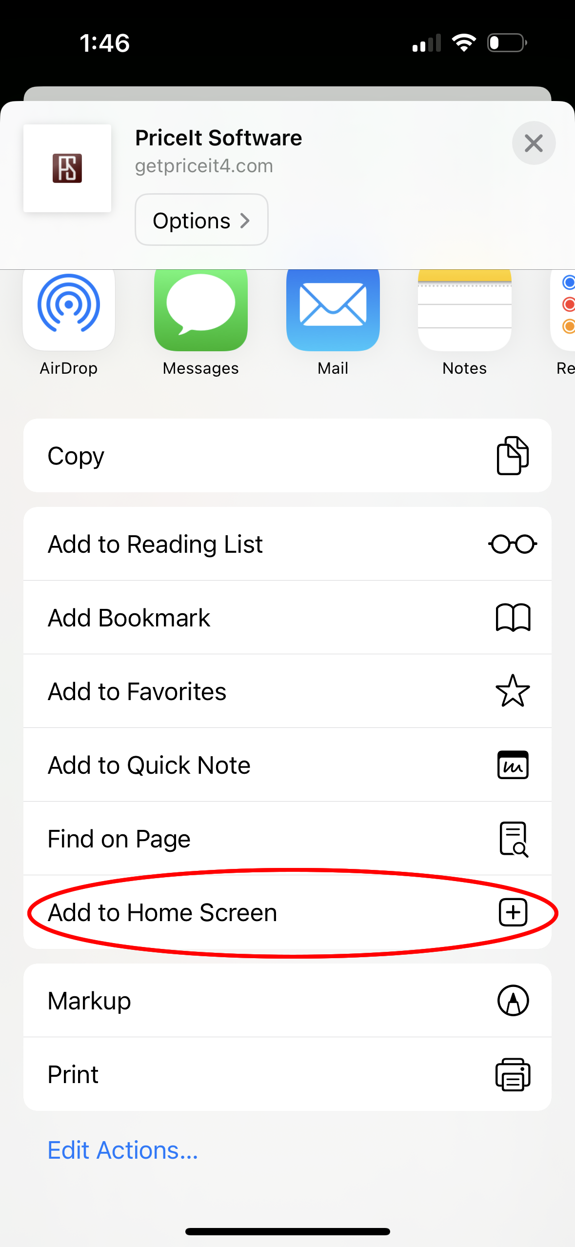 Screenshot of an iPhone sharing menu showing options to add a webpage to Home Screen, with the 'Add to Home Screen' button circled in red.