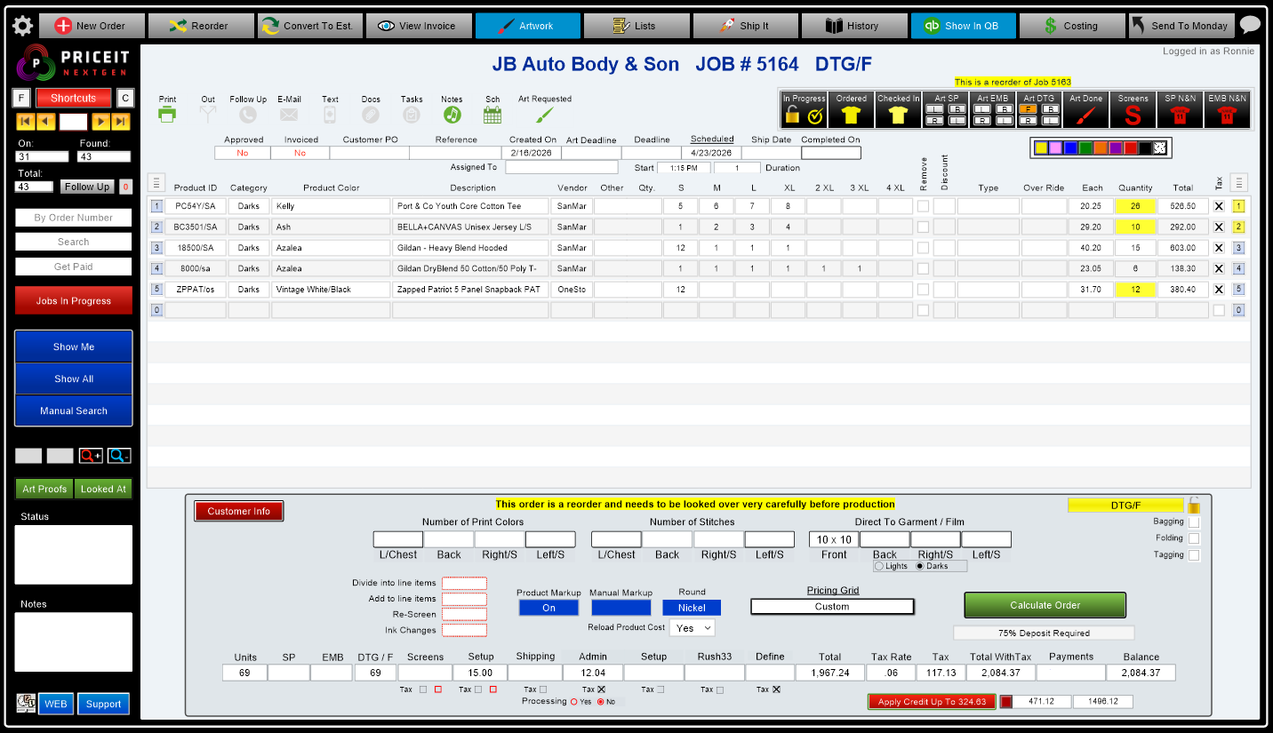 Embroidery management software interface showing job tracking and production workflow in PriceIt