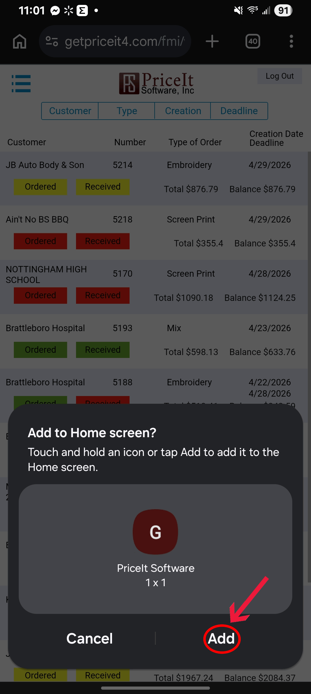 Android phone app PriceIt Software showing how to add the app to the homescreen