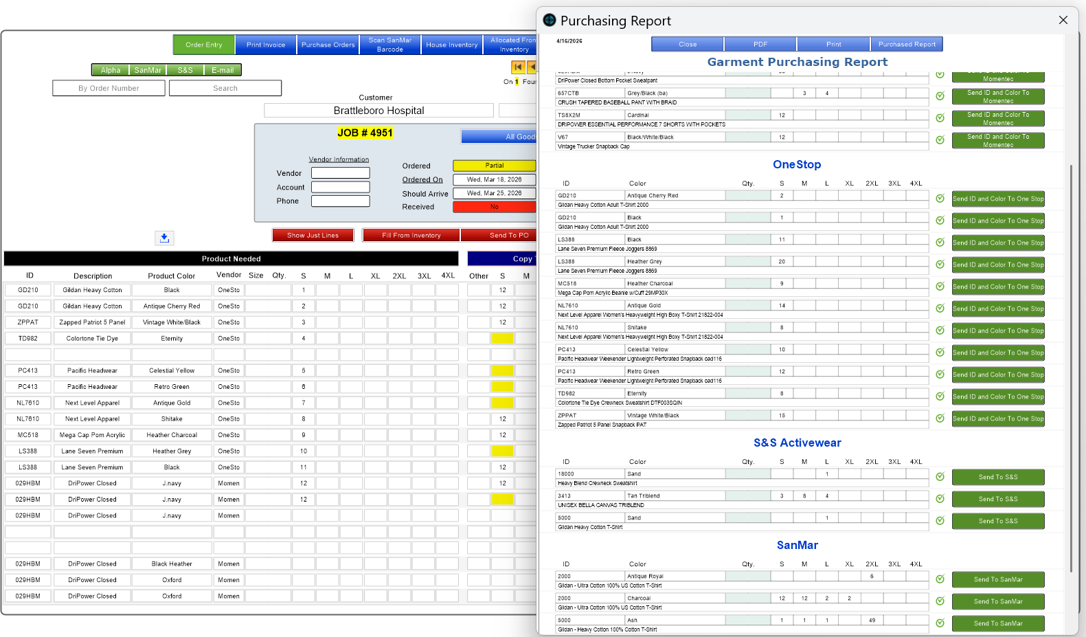 Garment purchasing dashboard for managing supplier orders, inventory allocation, and production purchasing
