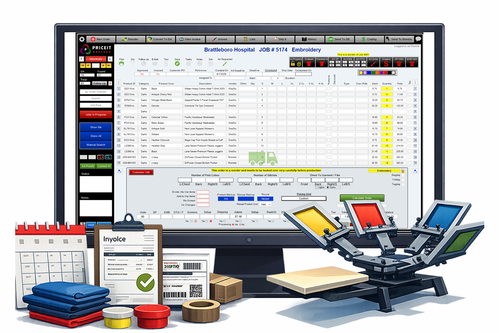 Screen printing shop workflow supported by management software for orders, production, and scheduling