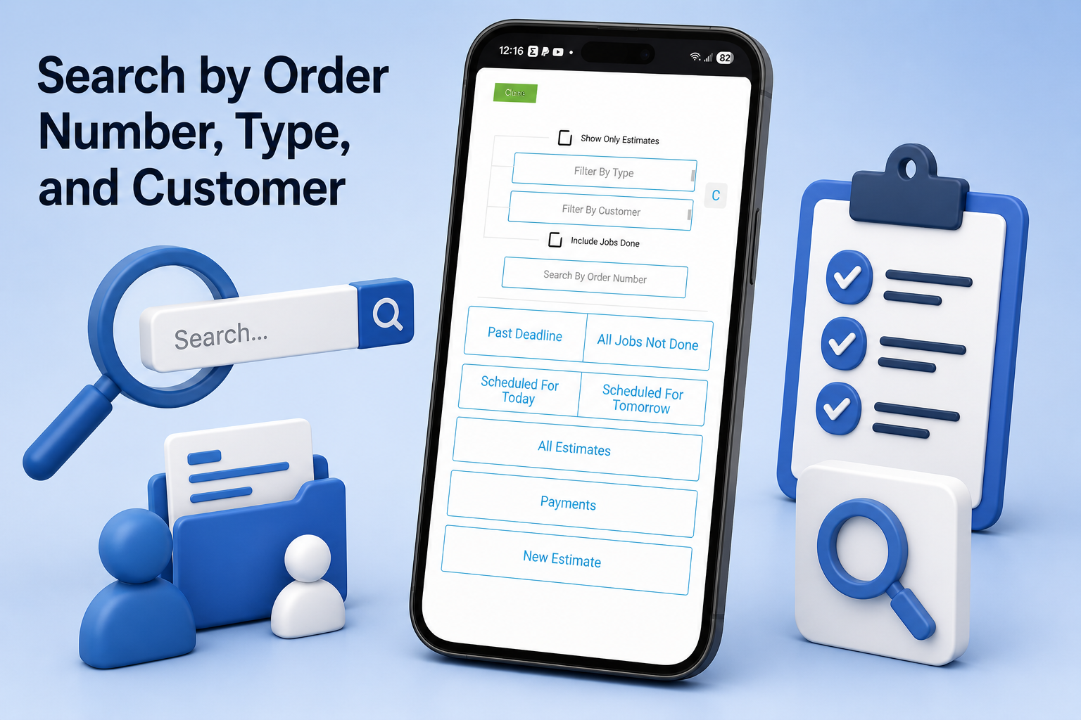 Search by Order Number, Type, and Customer with Phone App UI