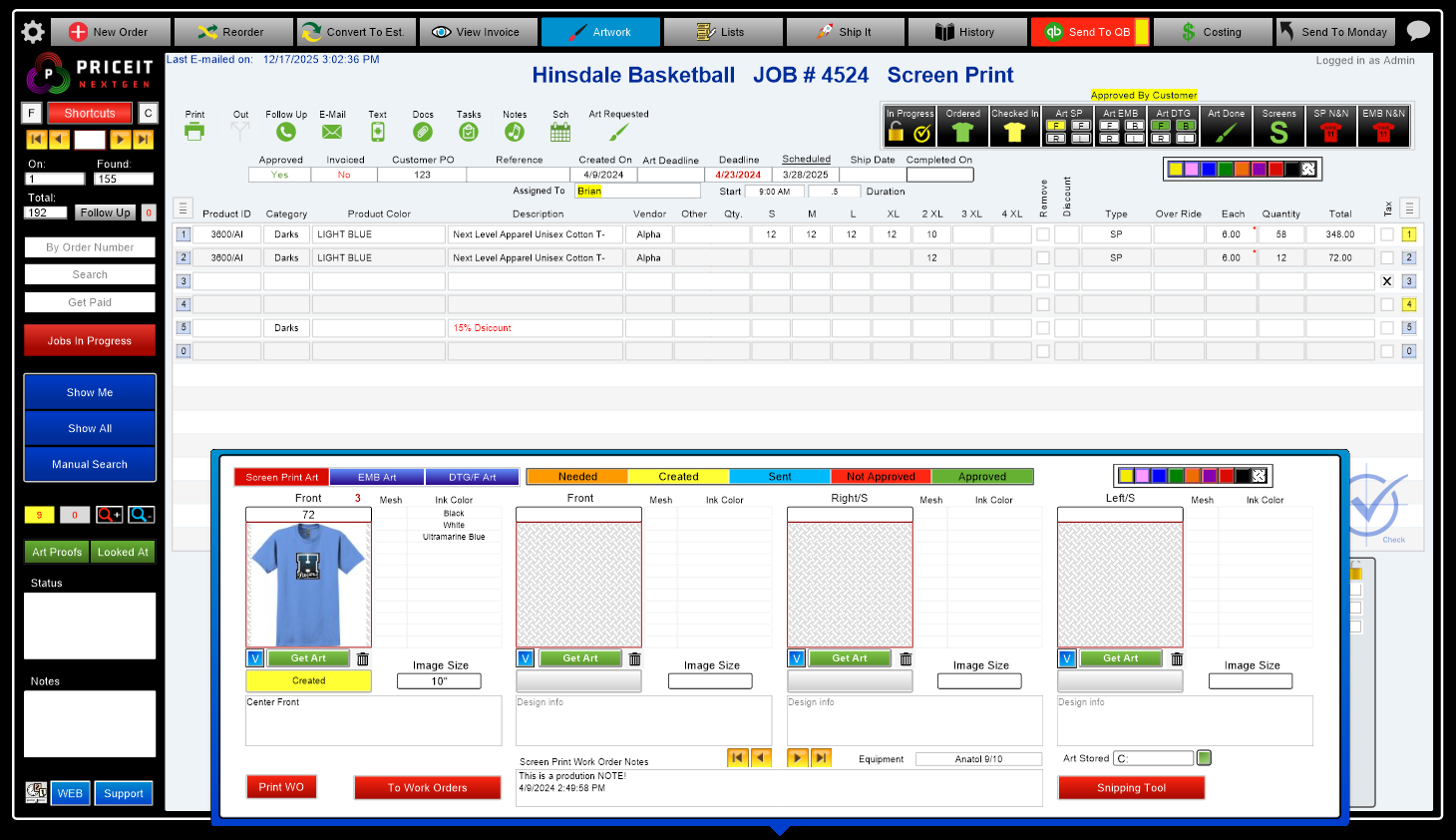 Order management software dashboard for screen printing shop production and artwork workflow tracking