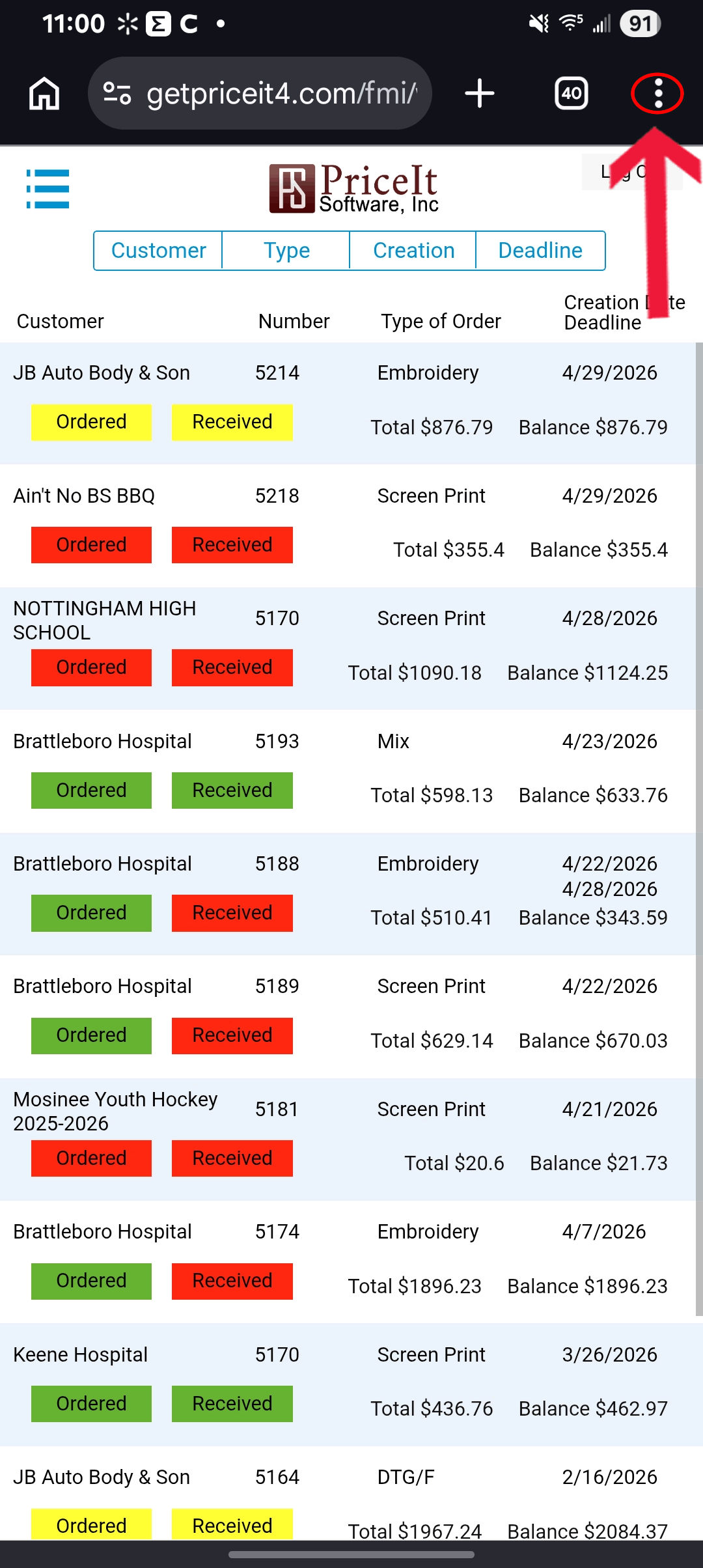 Android phone app PriceIt Software showing a list of customer screen print, embroidery, and DTG / DTF orders with statuses in color-coded labels