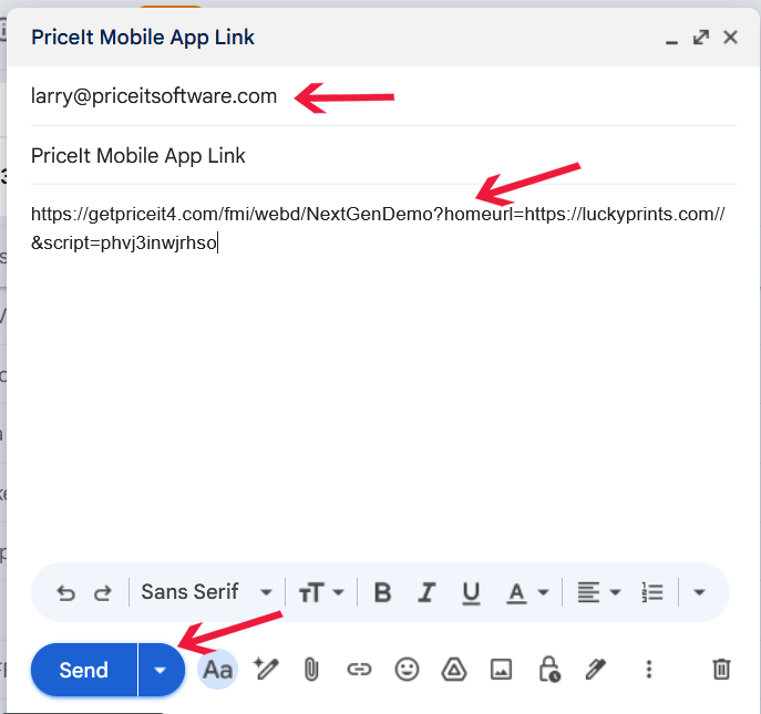 Email setup example showing how to send the PriceIt Phone App mobile access URL to your phone by email
