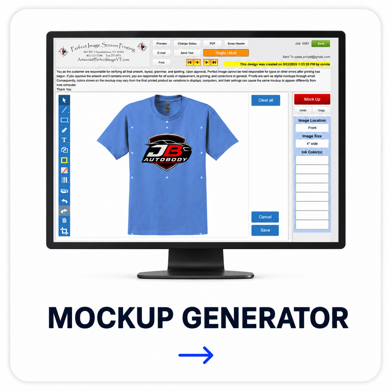 Mockup generator interface displayed on a desktop monitor showing apparel artwork placement tools and realistic t-shirt preview creation for screen printing and embroidery shops