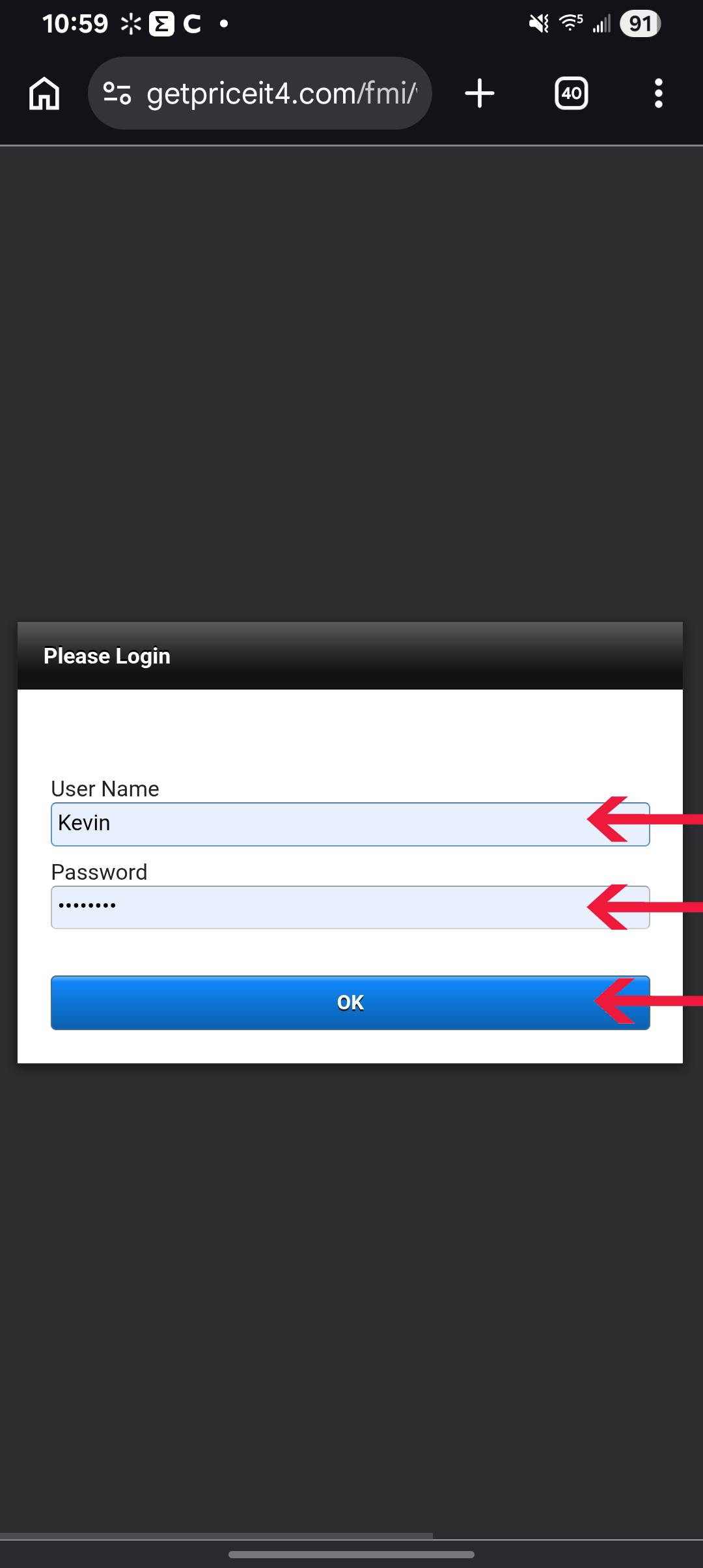 Apple iPhone OS screen showing log in screen to the PriceIt Phone App