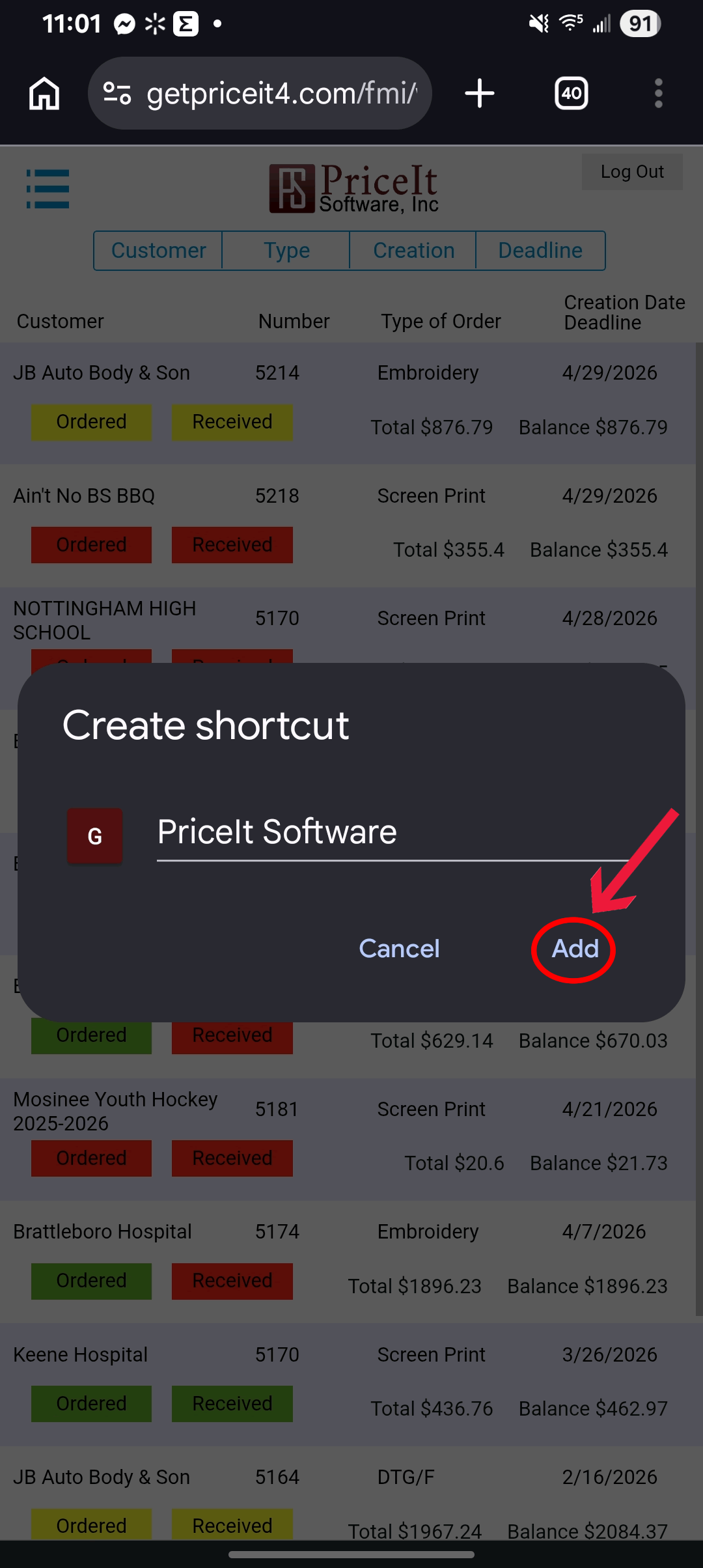 Android phone app PriceIt Software showing how to add the app to the homescreen