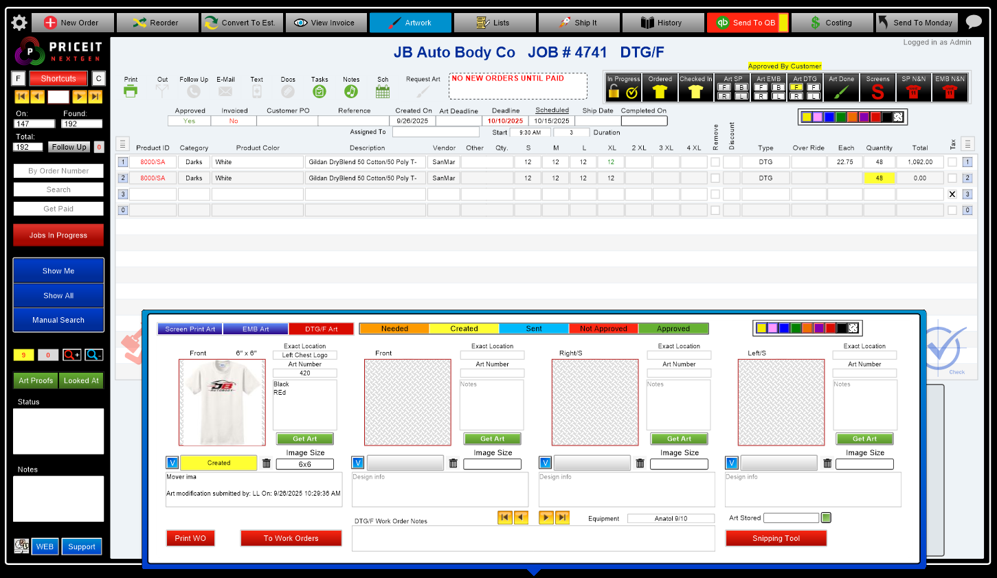 DTG and DTF order management software dashboard for production tracking and artwork management
