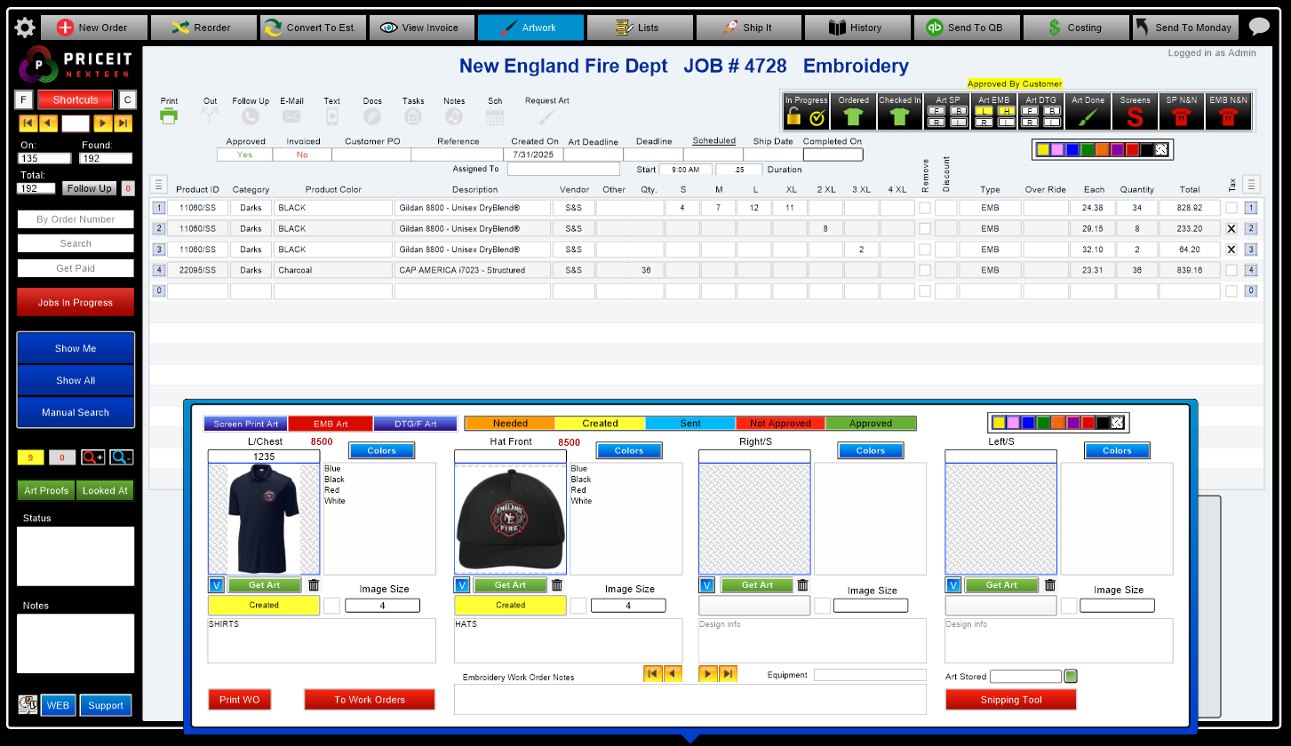 Embroidery shop management software dashboard for stitch tracking, artwork management and production scheduling