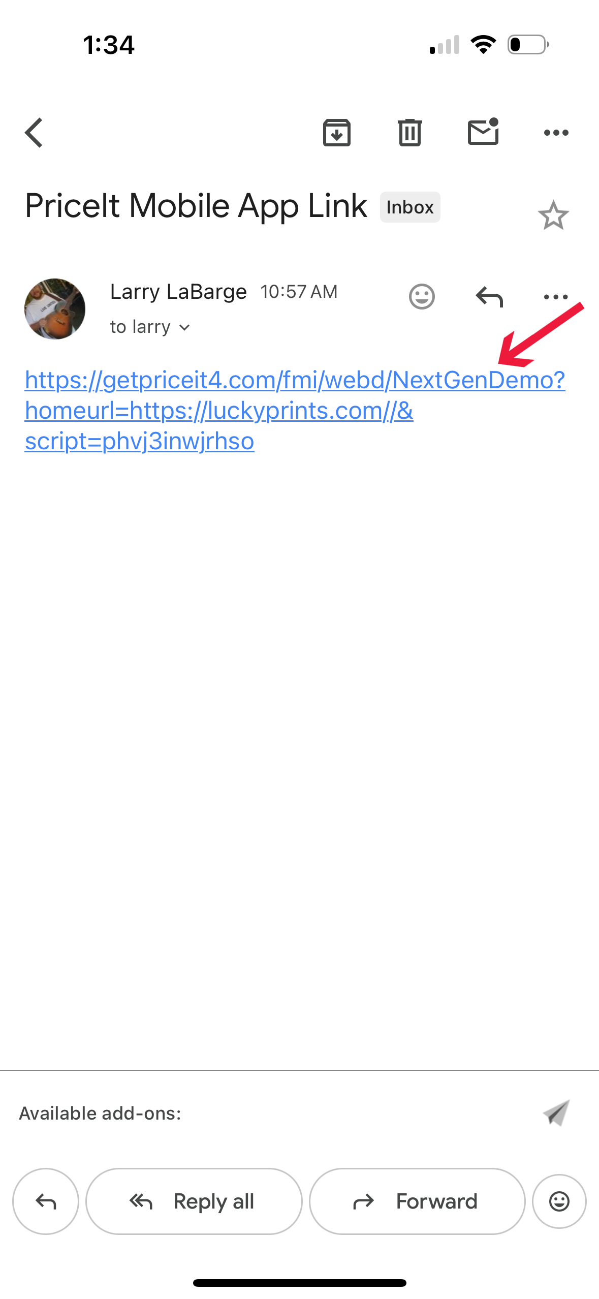 Apple iPhone OS email screen showing how to open the PriceIt Phone App access link from an email message