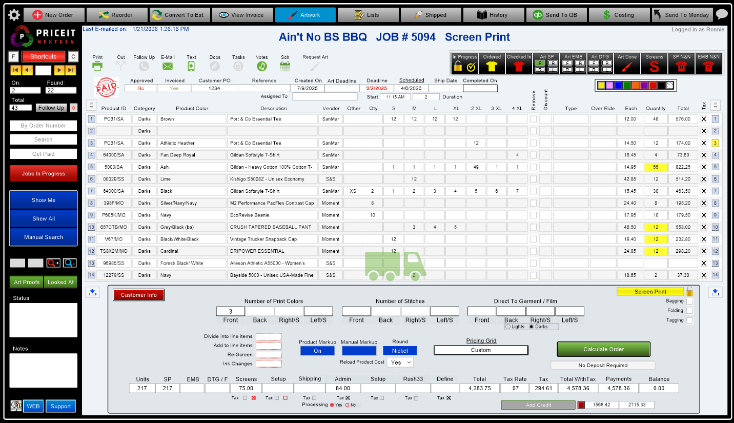 Screen printing management software interface showing order tracking and production workflow in PriceIt