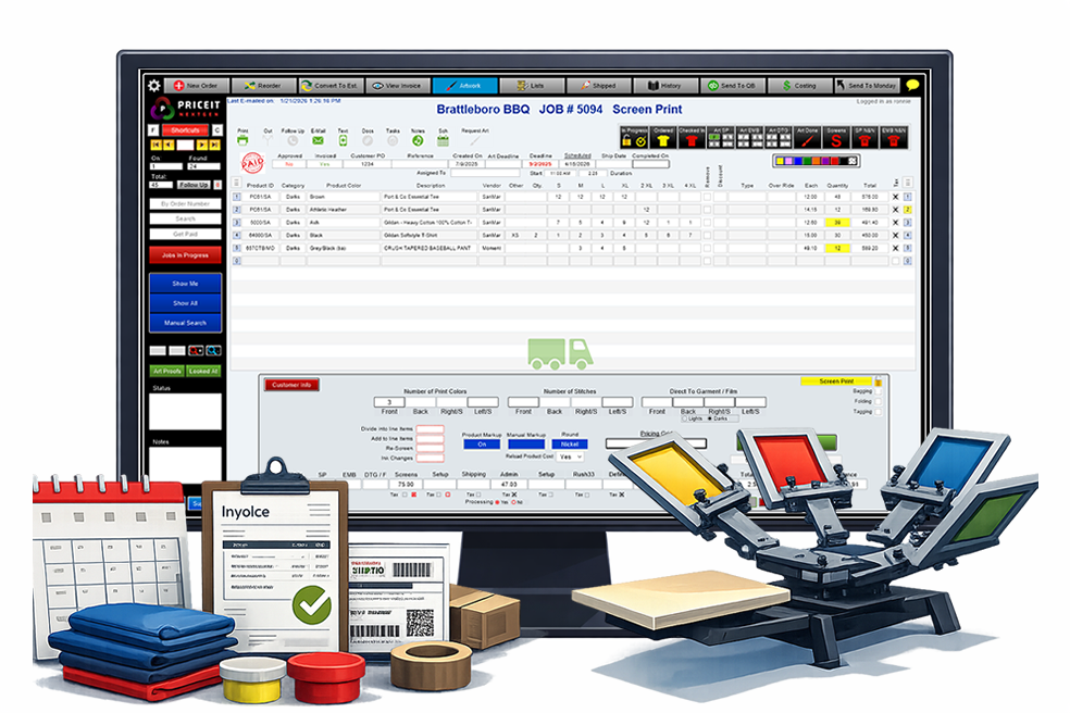PriceIt screen printing management software dashboard with scheduling, invoicing, and production workflow