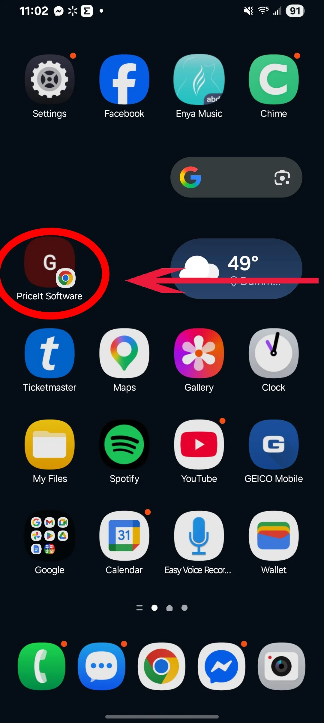 Android phone screen showing PriceIt Software phone app added to homescreen