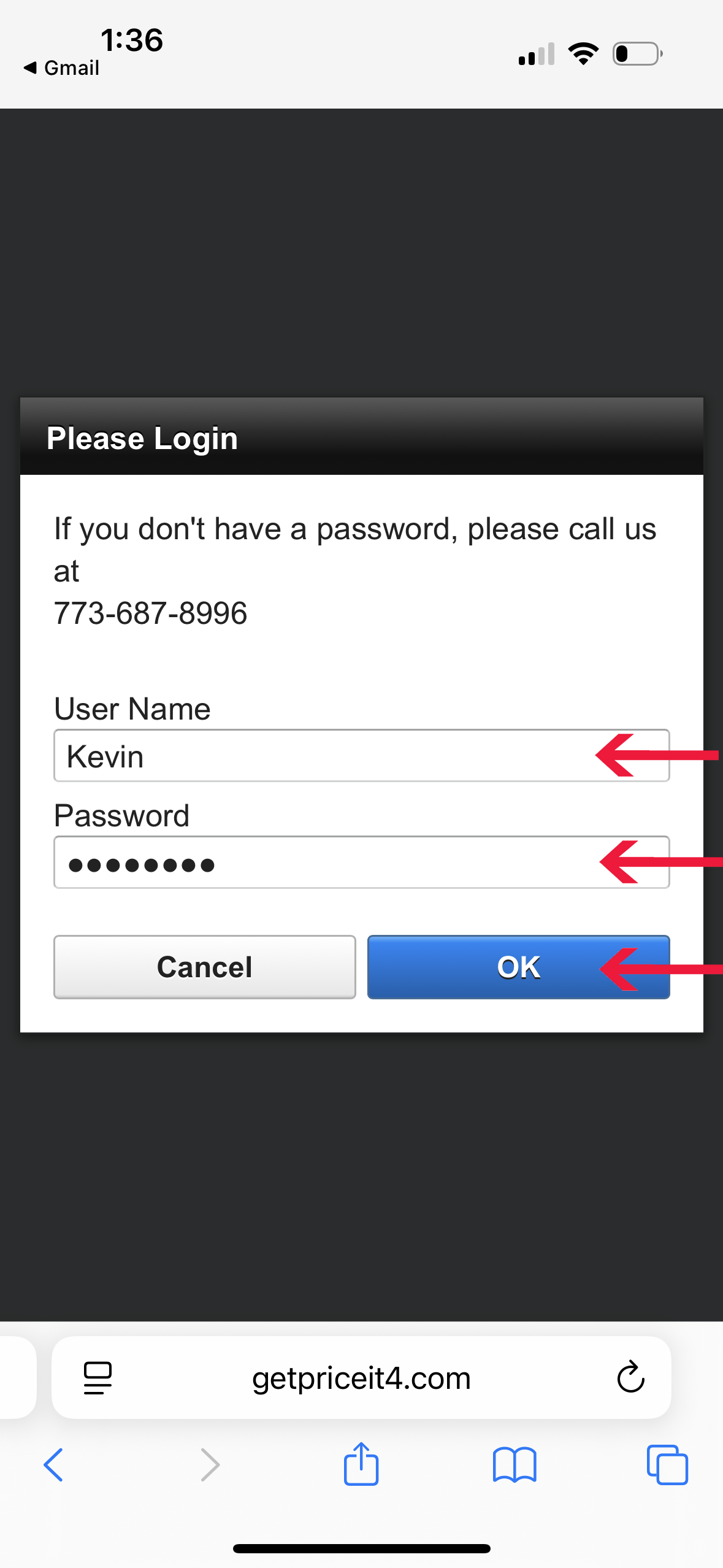 Login screen on a mobile device with fields for username and password, with a Phone number and options to cancel or submit.