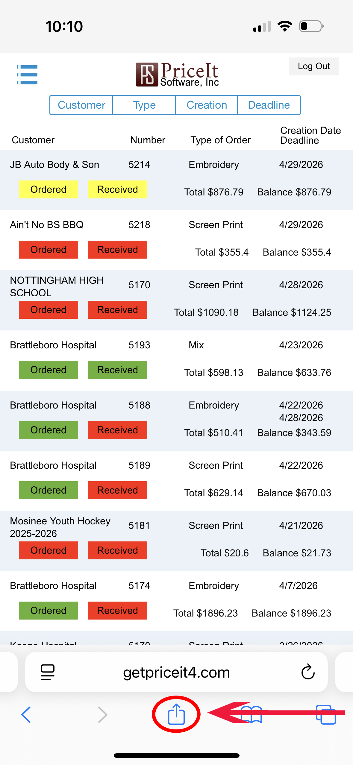 Apple iPhone app PriceIt Software showing a list of customer screen print, embroidery, and DTG / DTF orders with statuses in color-coded labels
