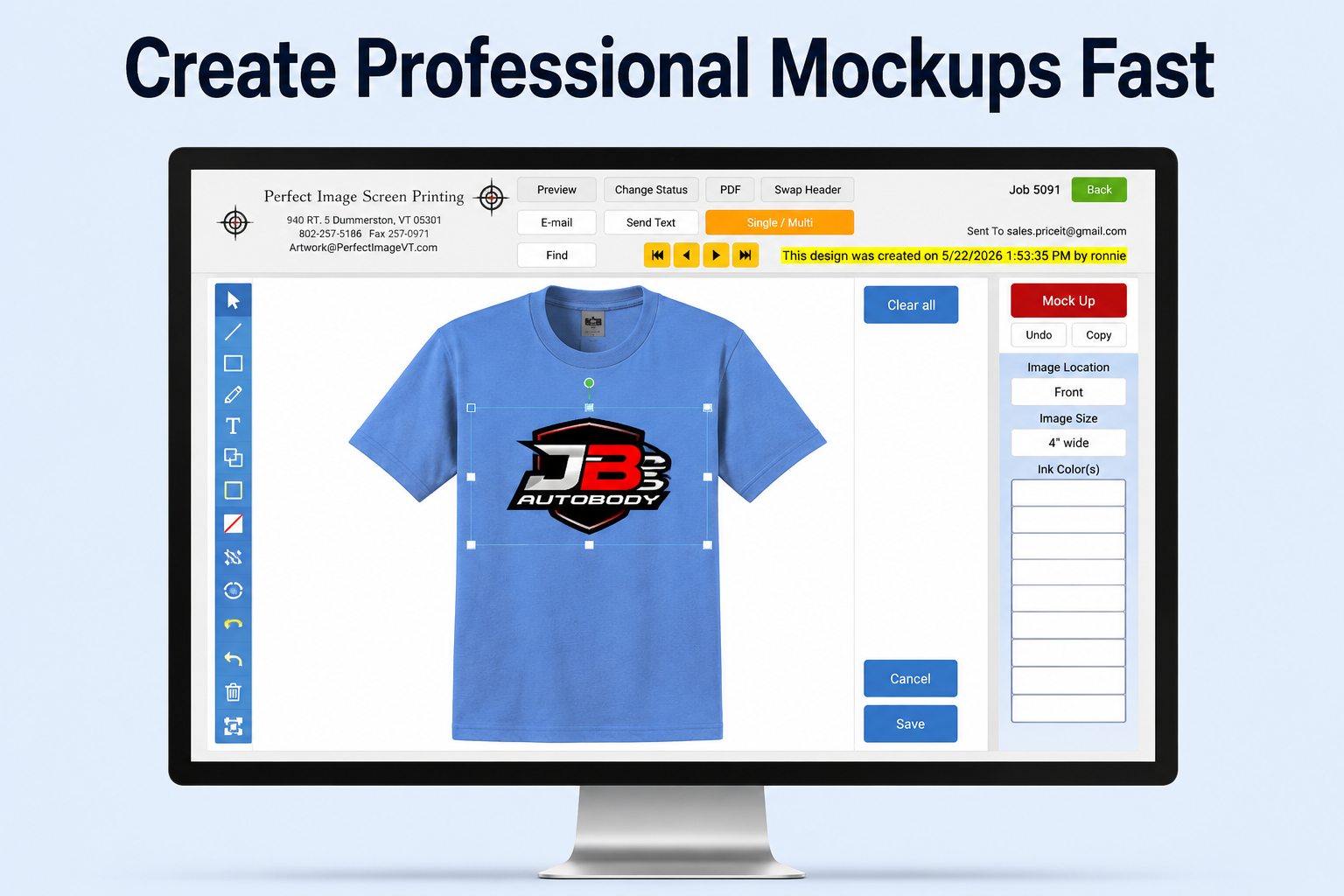 Mockup generator interface displaying apparel artwork placement tools and realistic t-shirt preview creation for screen printing and embroidery shops