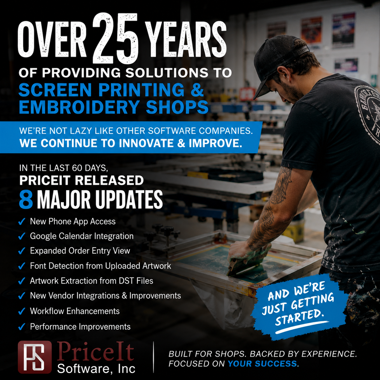 A promotional image for Pricolt Software, Inc., highlighting over 25 years of screen printing and embroidery solutions. The image features a man working at a screen printing station in a workshop, with text emphasizing major updates, features, and a message about ongoing innovation.
