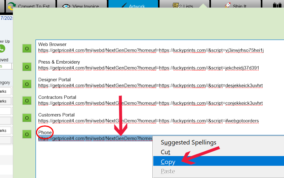 PriceIt setup screen showing how to copy the Phone web URL for mobile app configuration