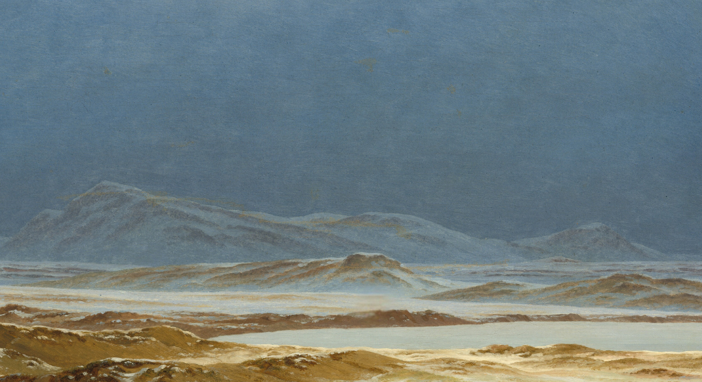 A landscape painting of mountains and a body of water under a cloudy sky, with earthy tones and soft brushstrokes.