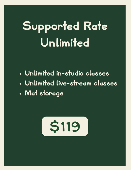 Green sign advertising a membership plan with unlimited supported rate, in-studio and live-stream classes, and mat storage for $119.