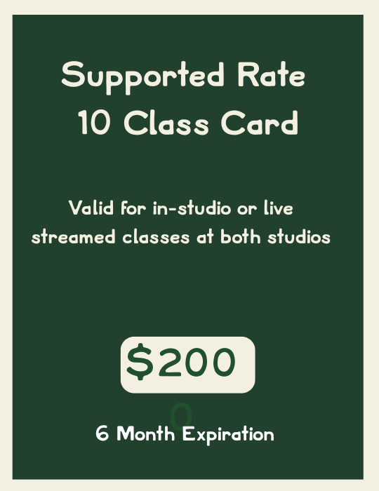 Green card offering a support rate for 10 classes, valid for in-studio or live streamed classes, priced at $200 with six months expiration.