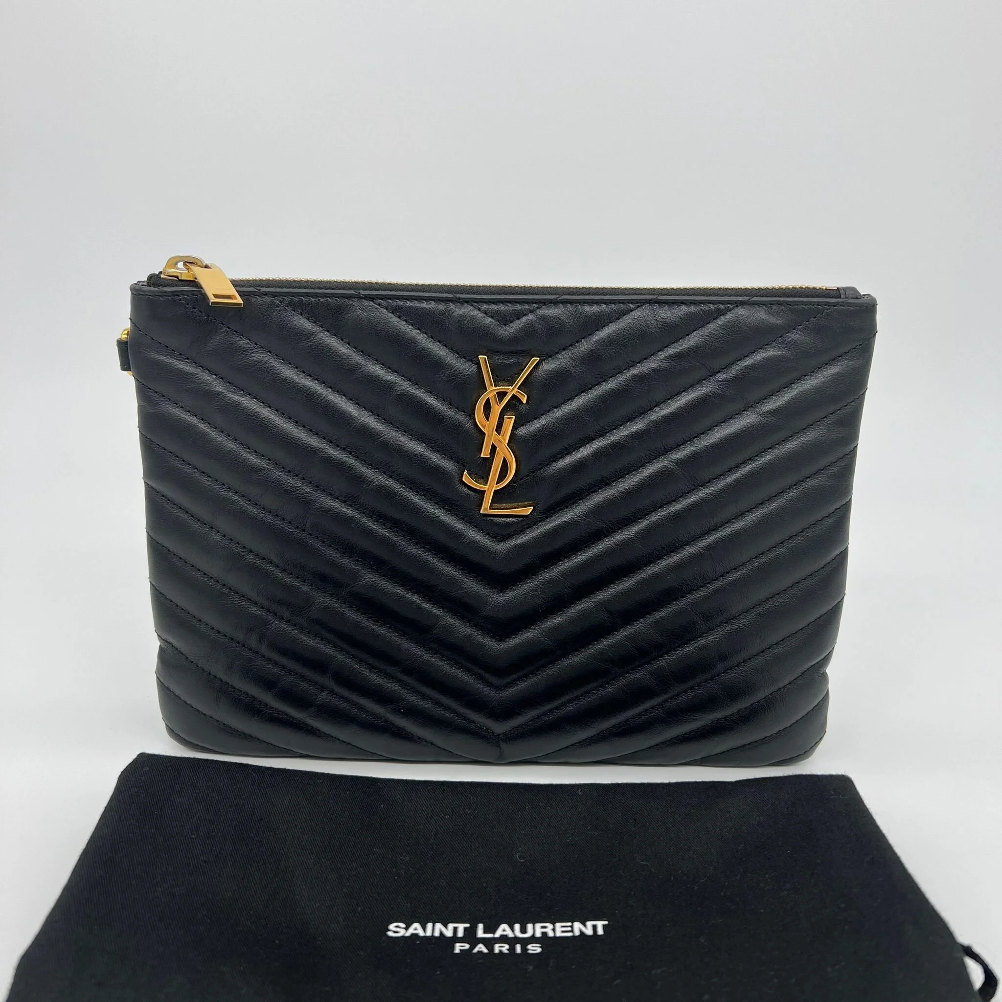 Saint Laurent YSL Monogram Quilted Pouch Black with Gold Hardware front