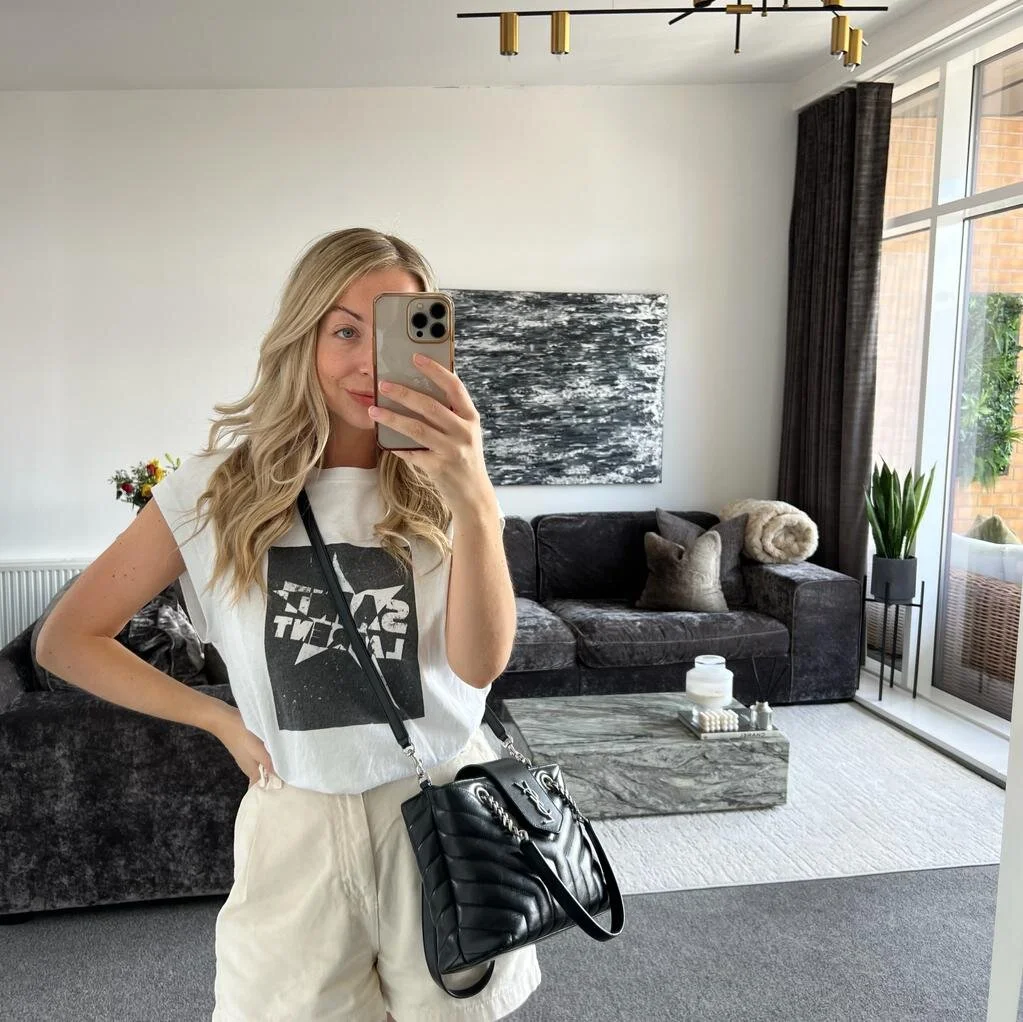 Saint Laurent YSL Small Monogram Loulou Shopping Tote Black with Silver Hardware shown on model