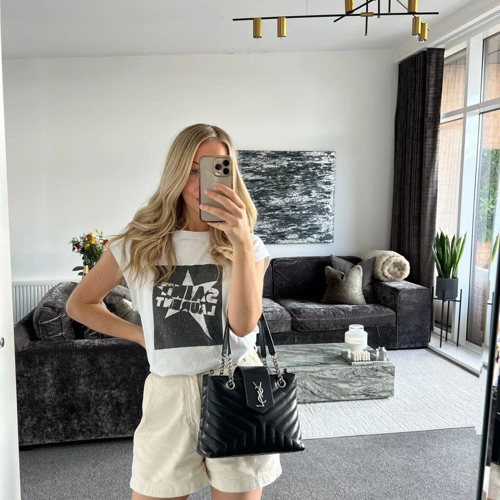 Saint Laurent YSL Small Monogram Loulou Shopping Tote Black with Silver Hardware shown on model