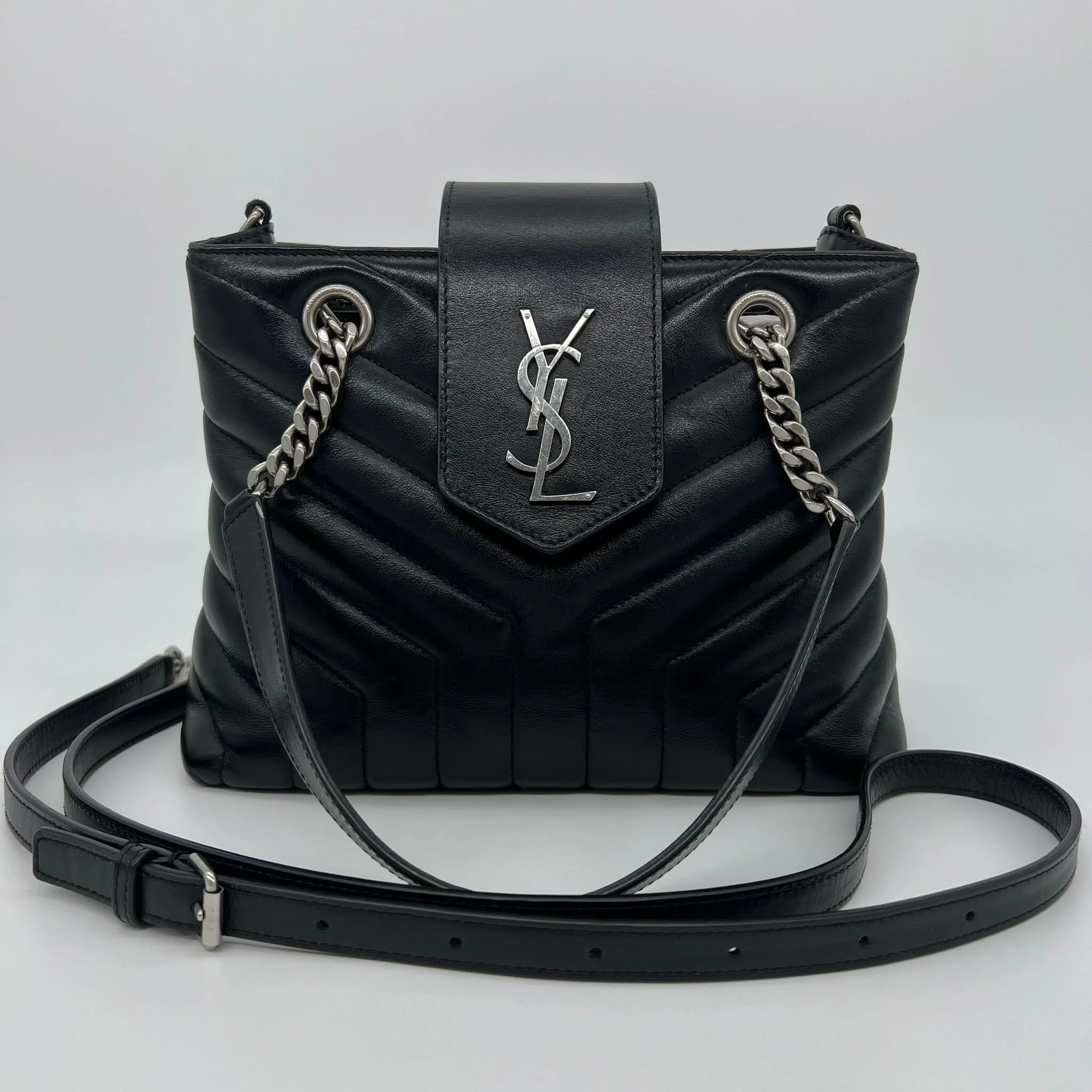 Saint Laurent YSL Small Monogram Loulou Shopping Tote Black with Silver Hardware front