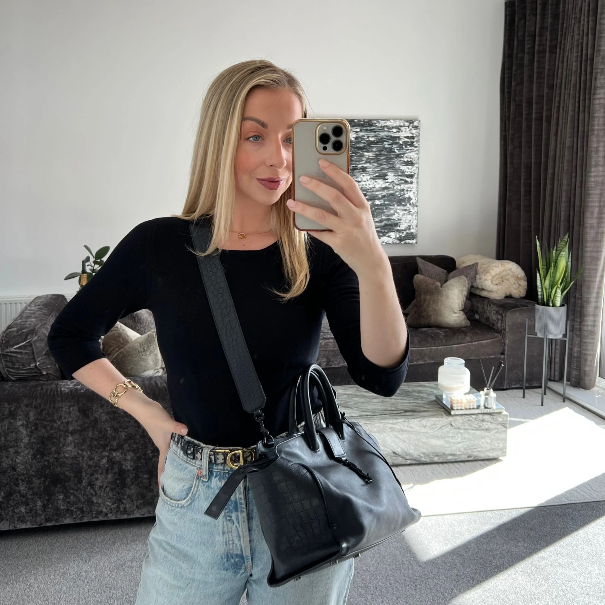 Saint Laurent YSL Small Downtown Cabas Bag in Black with Black Hardware shown on model