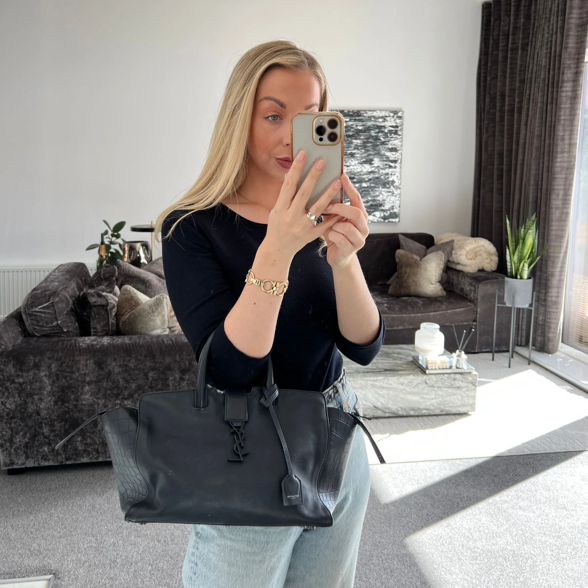 Saint Laurent YSL Small Downtown Cabas Bag in Black with Black Hardware shown on model