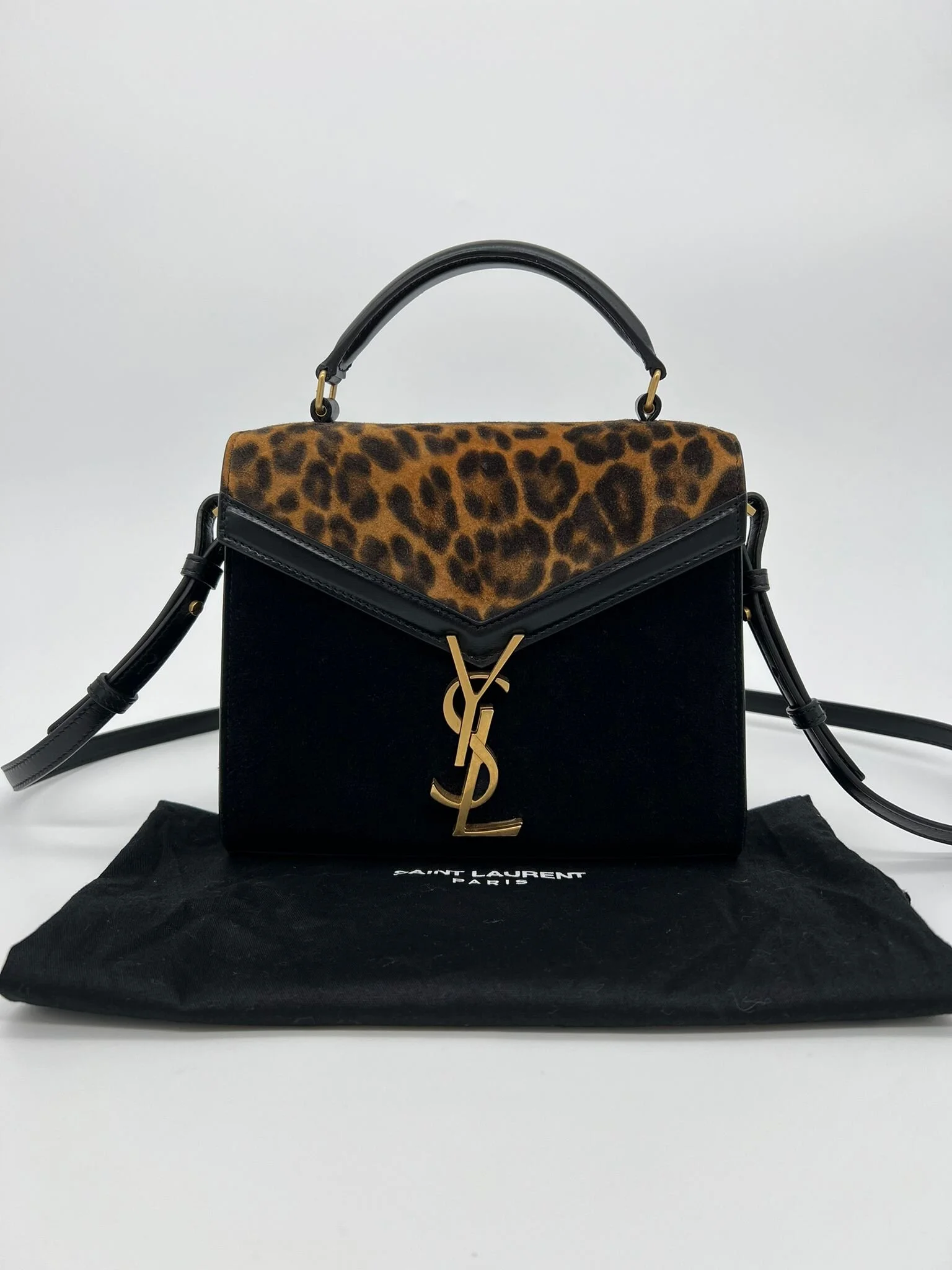 Saint Laurent YSL Cassandra Mini Top Handle Bag in Black / Leopard print Suede and Leather front