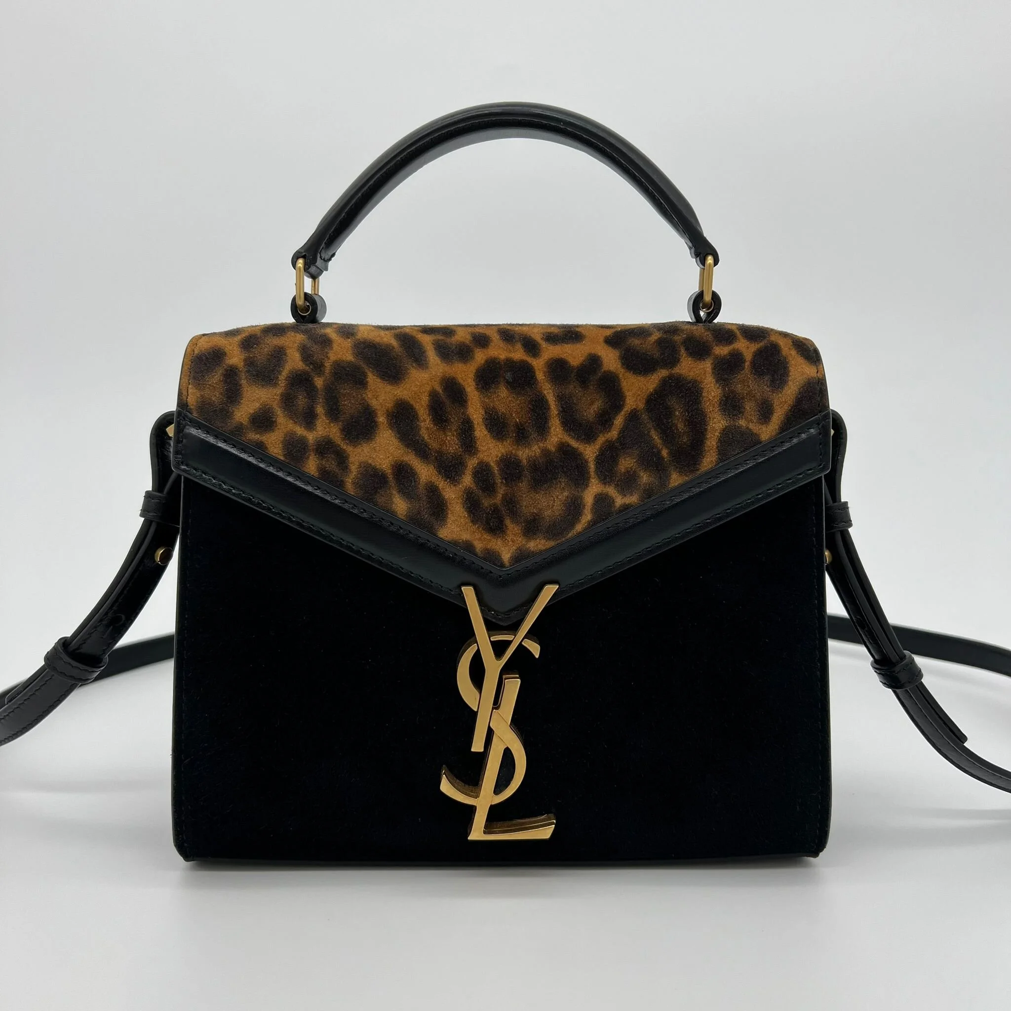 Saint Laurent YSL Cassandra Mini Top Handle Bag in Black / Leopard print Suede and Leather front