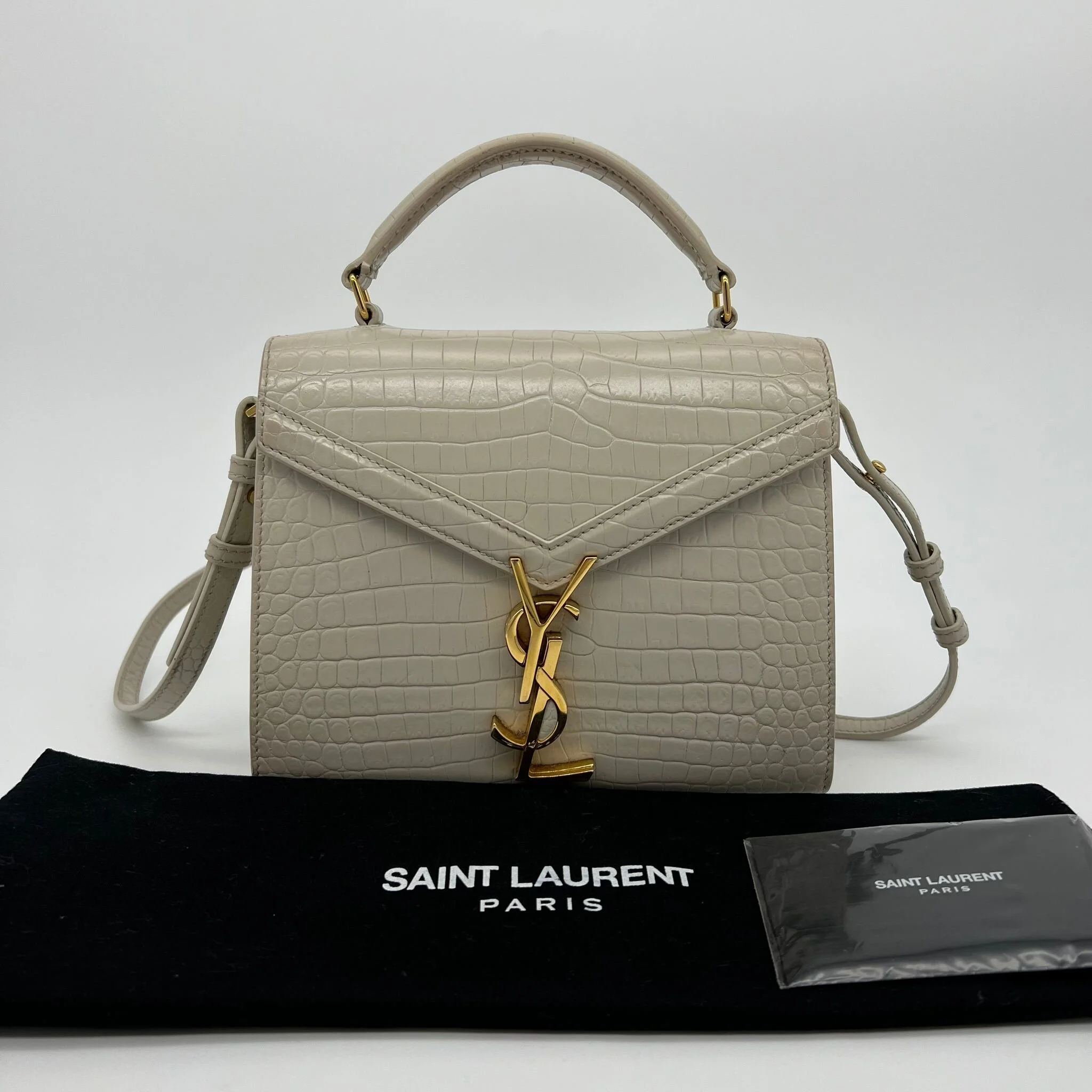 Saint Laurent YSL Cassandra Mini Top Handle Bag in Cream Croc Embossed Leather with packaging