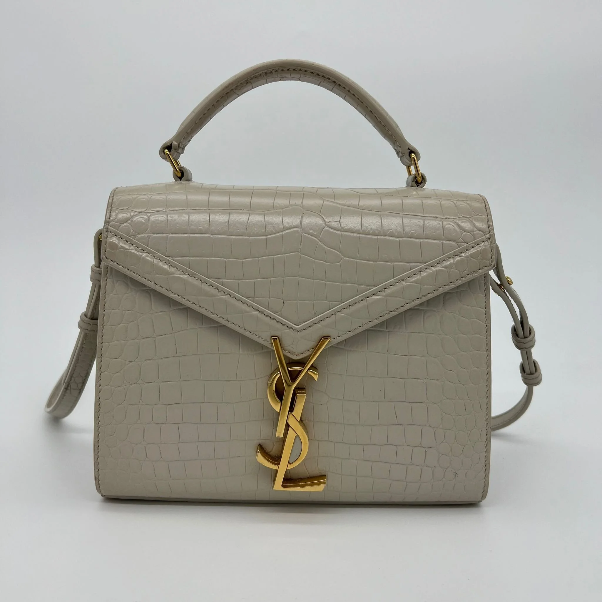 Saint Laurent YSL Cassandra Mini Top Handle Bag in Cream Croc Embossed Leather front