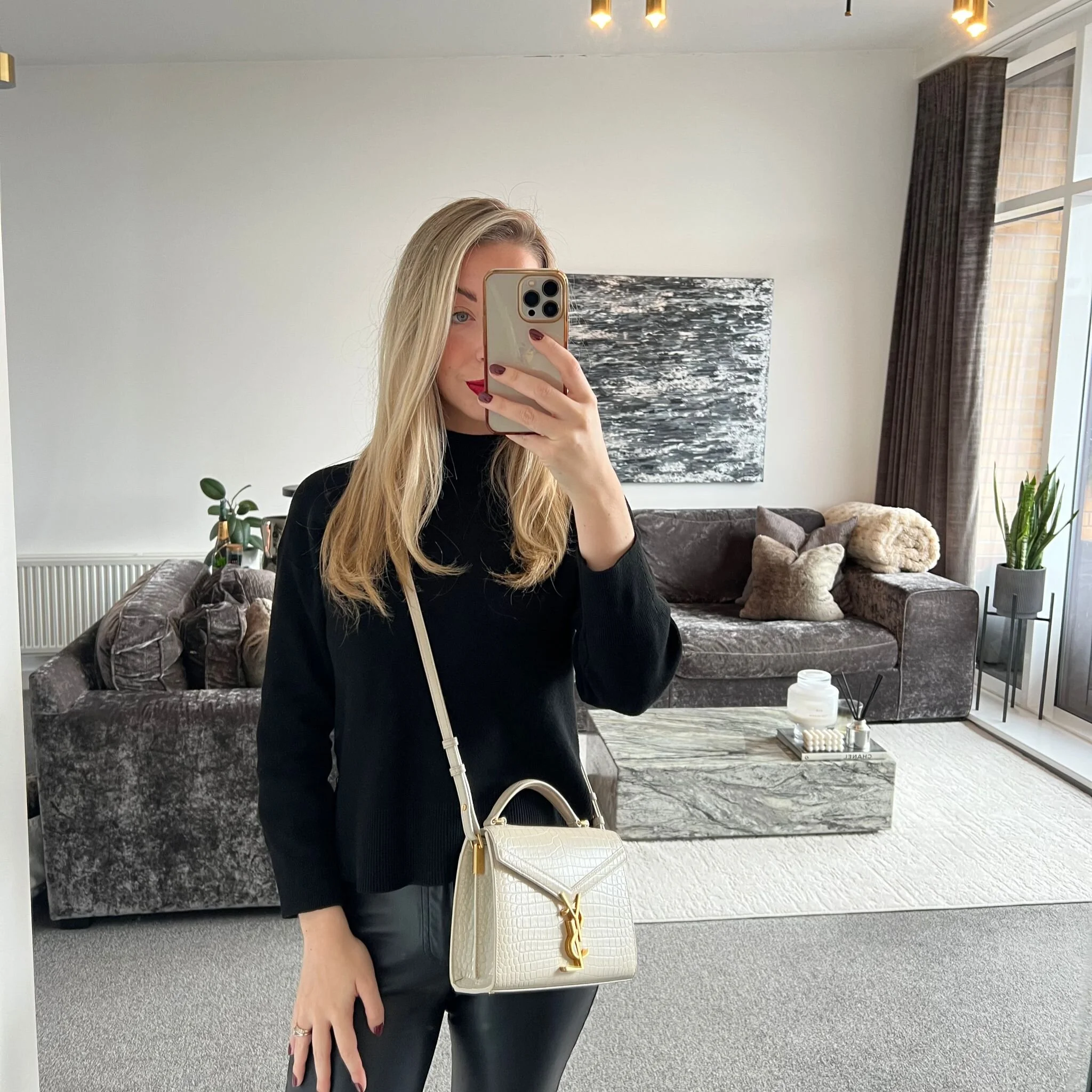 Saint Laurent YSL Cassandra Mini Top Handle Bag in Cream Croc Embossed Leather shown on model