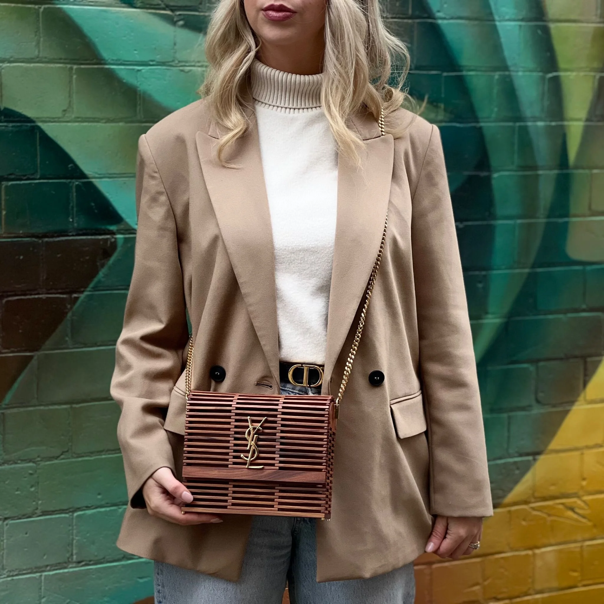 Saint Laurent YSL Wooden Kate Cage Flap Bag with Gold Hardware shown on model