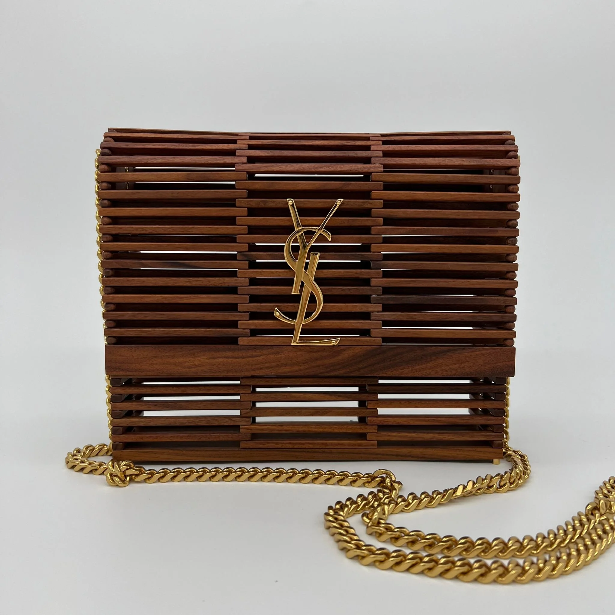 Saint Laurent YSL Wooden Kate Cage Flap Bag with Gold Hardware front
