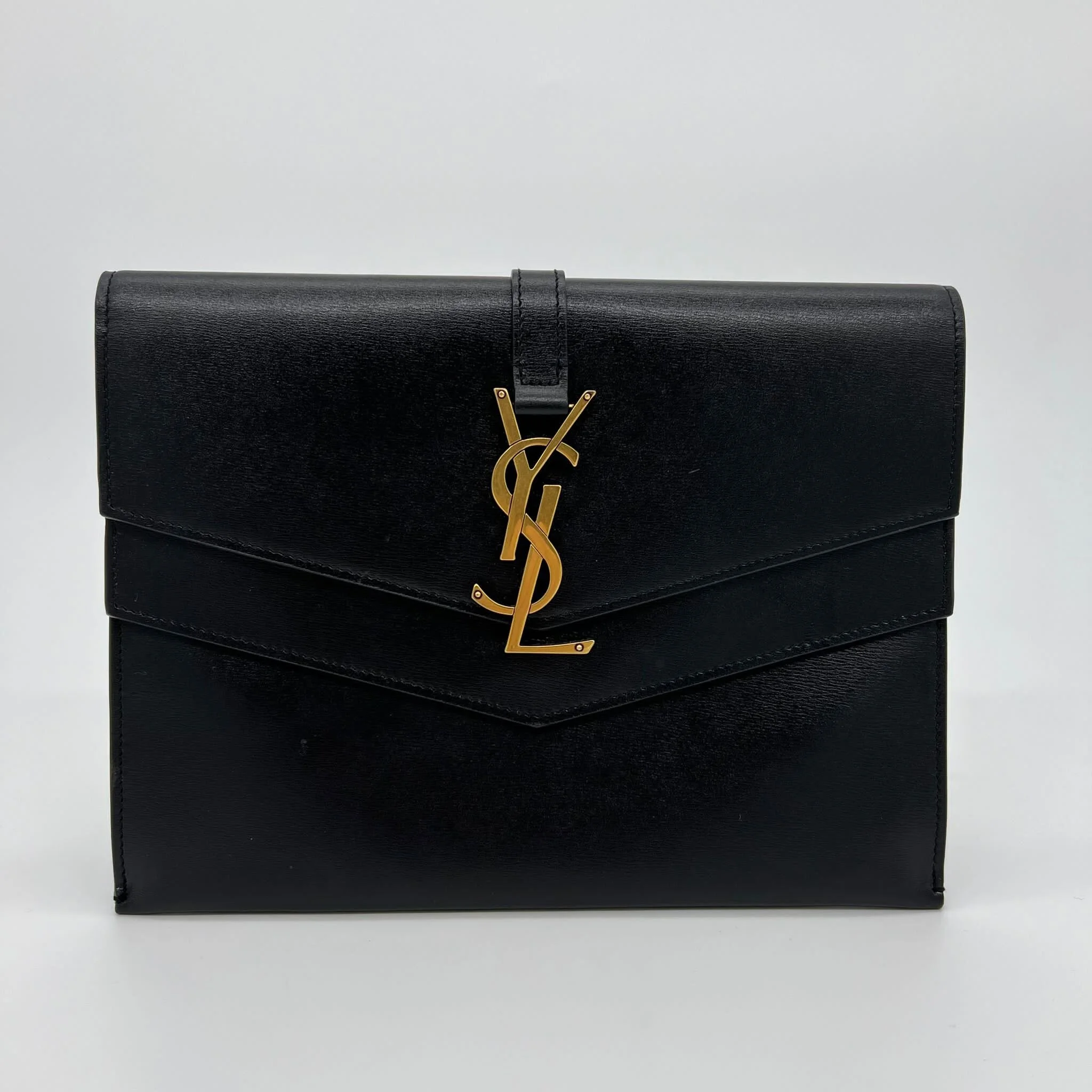 Saint Laurent YSL Sulpice Clutch Pouch Bag Black Leather with Gold Hardware front