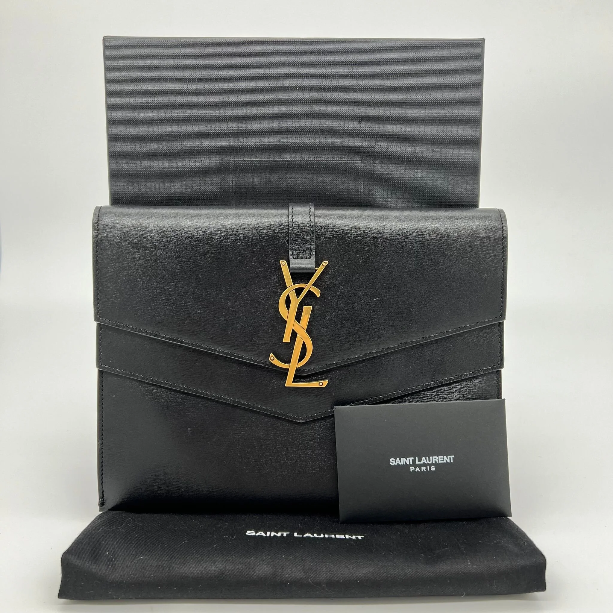 Saint Laurent YSL Sulpice Clutch Pouch Bag Black Leather with Gold Hardware front