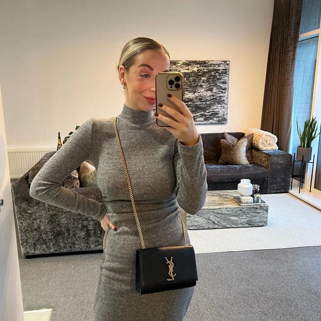 Saint Laurent YSL Small Kate Bag in Black Leather with Gold Hardware shown on model