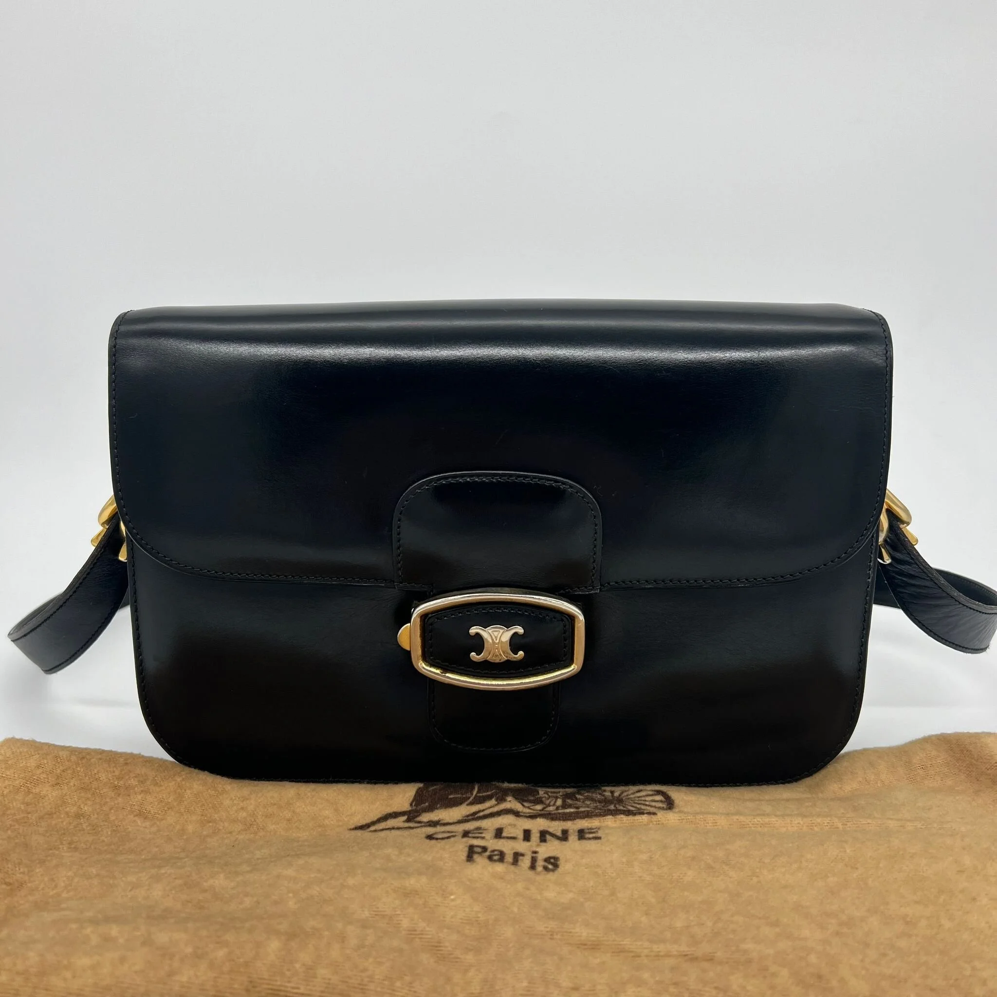 Celine Vintage Triomphe Box Satchel Bag Black Smooth Leather with Gold Hardware front