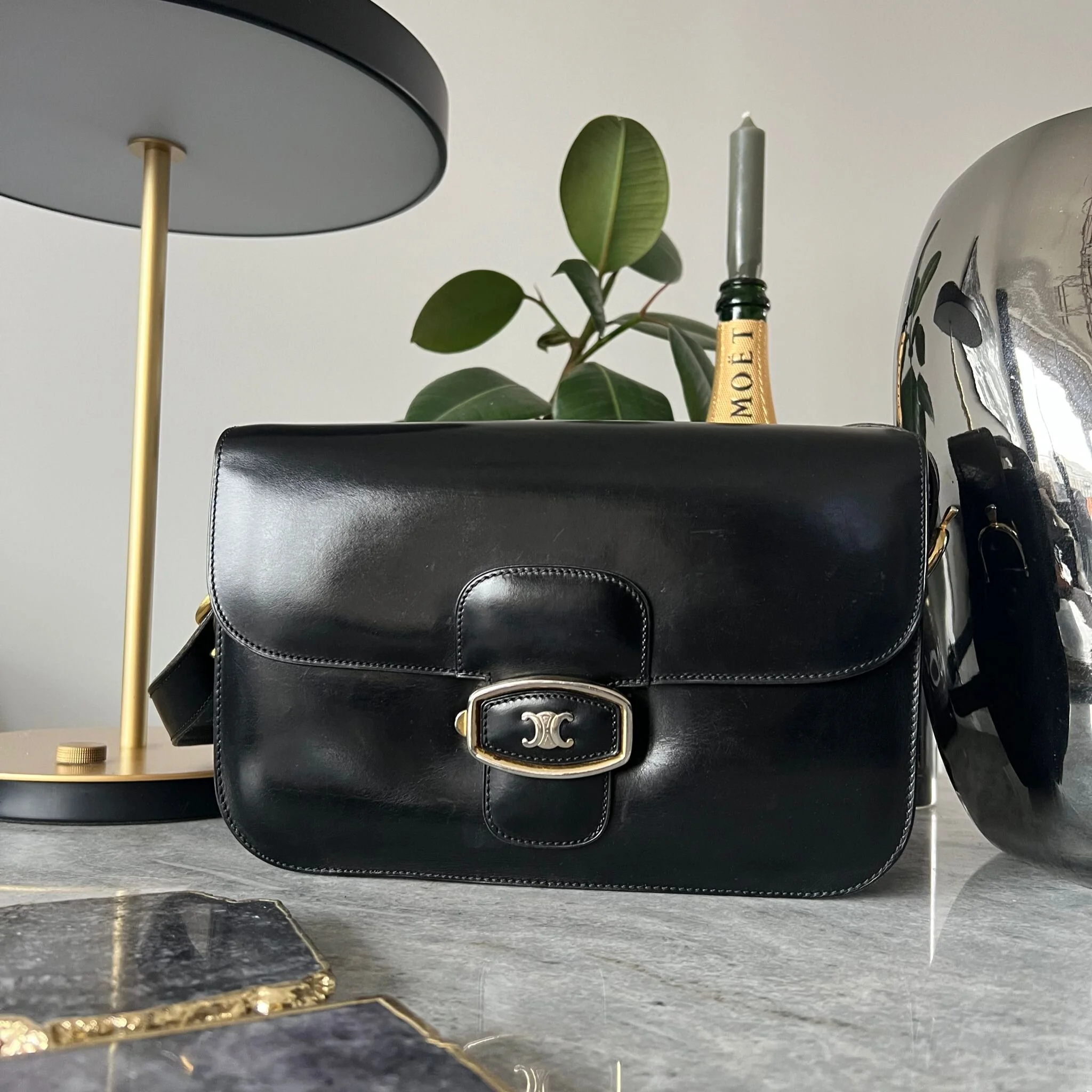 Celine Vintage Triomphe Box Satchel Bag Black Smooth Leather with Gold Hardware front